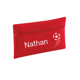 Red personalised pencil case with football
