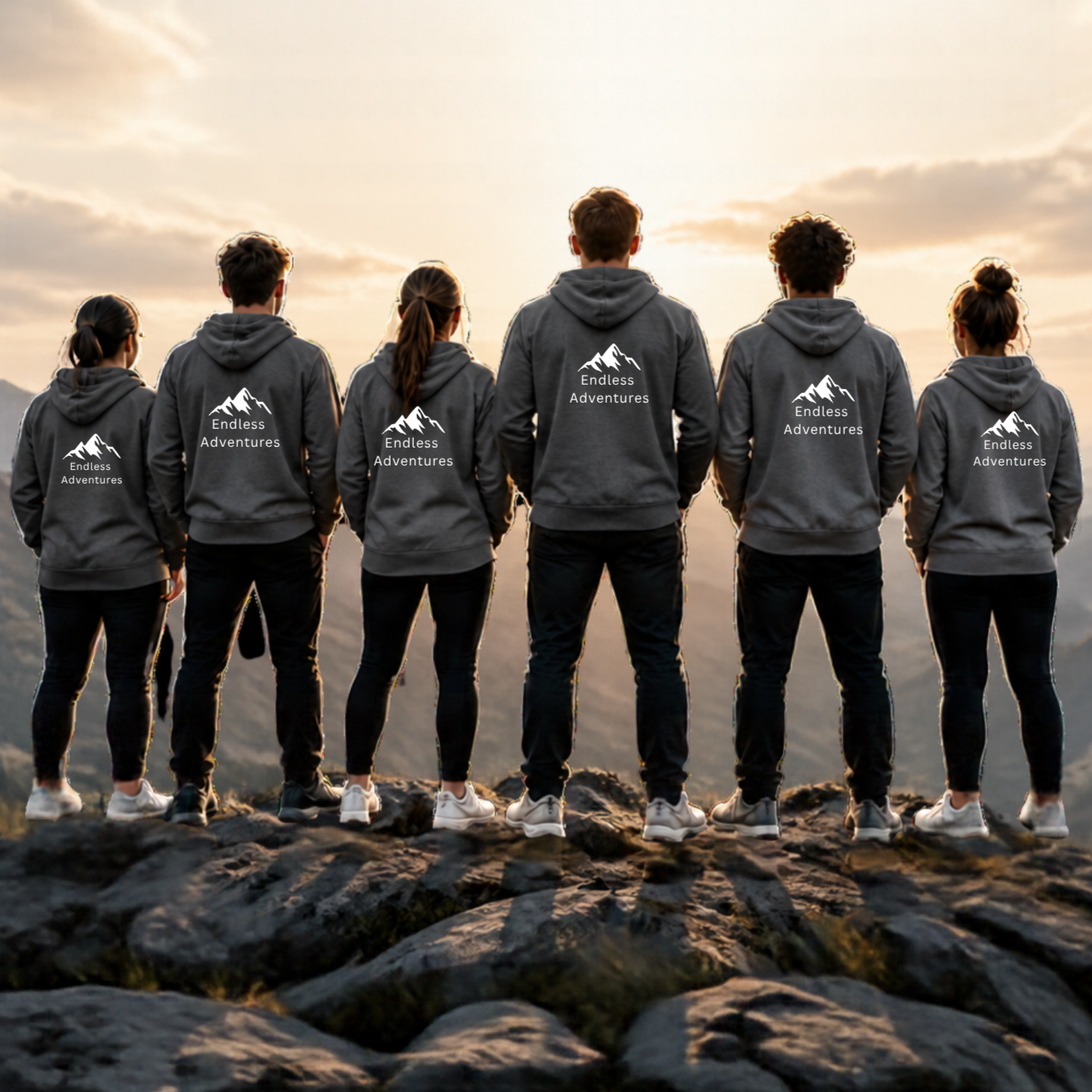 Six Unicas Prints hoodies in different colours, each with a different personalised back design