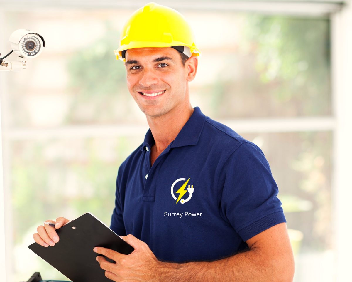 Electrician wearing a navy polo shirt embroidered with a company logo