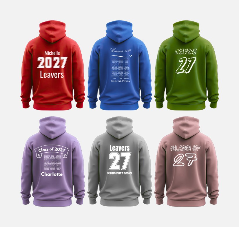 Six Unicas Prints leavers hoodies in different colours, each with a different personalised back design